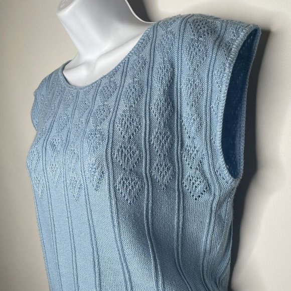 Vintage 80s Keneth Too Baby Blue Pointelle Knit Cap Sleeve Sweater - Picture 6 of 8